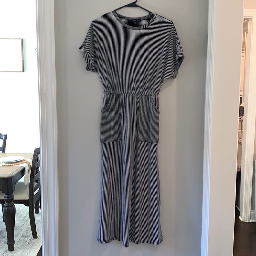Roolee Black White Striped Modest Midi Dress XS